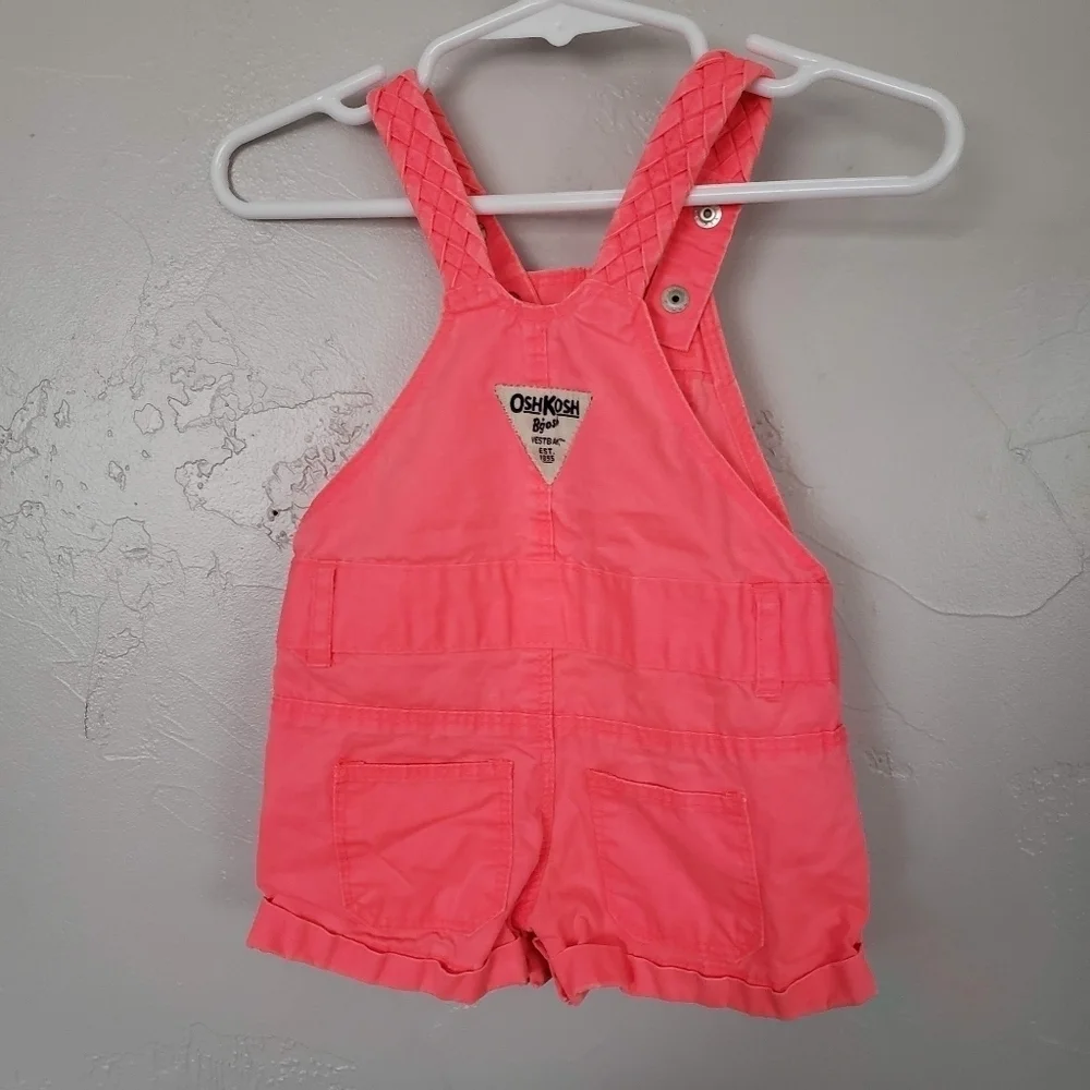 Oshkosh Baby Girl 3 Months Neon Coral Pink Overalls Shortalls Summer Spring